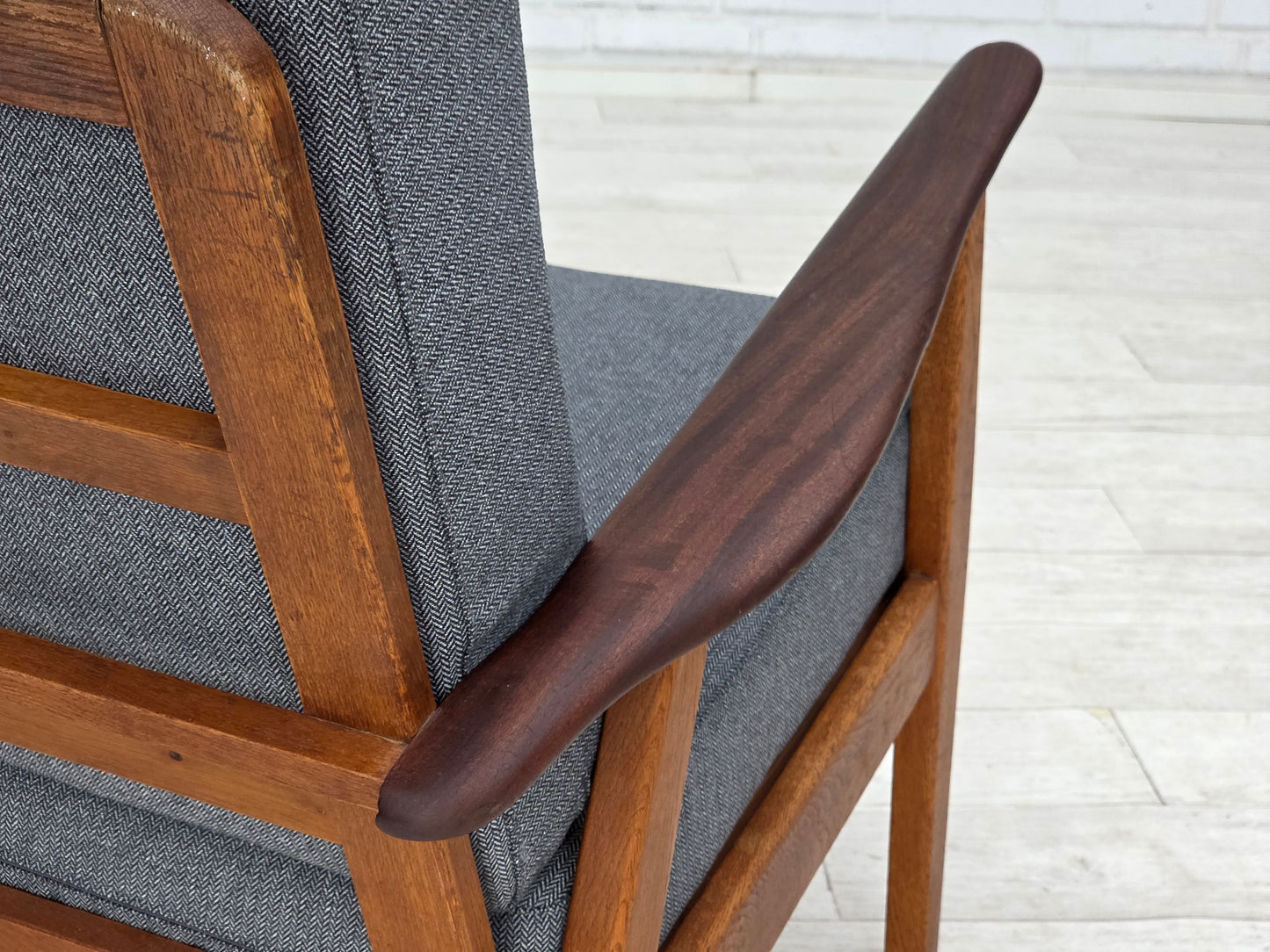 1970s, pair of Danish armchairs, reupholstered, furniture wool, teak and oak wood.