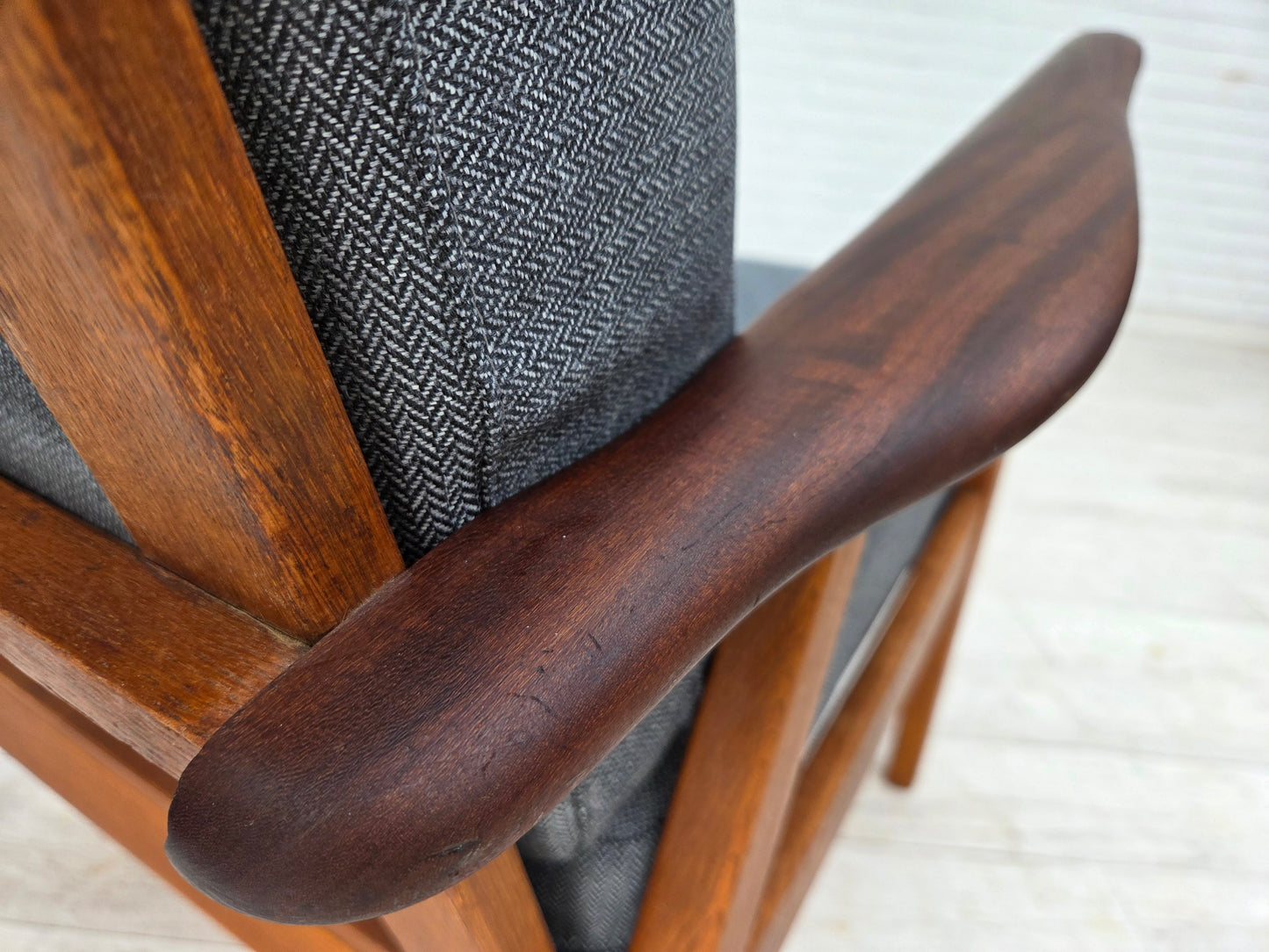 1970s, pair of Danish armchairs, reupholstered, furniture wool, teak and oak wood.