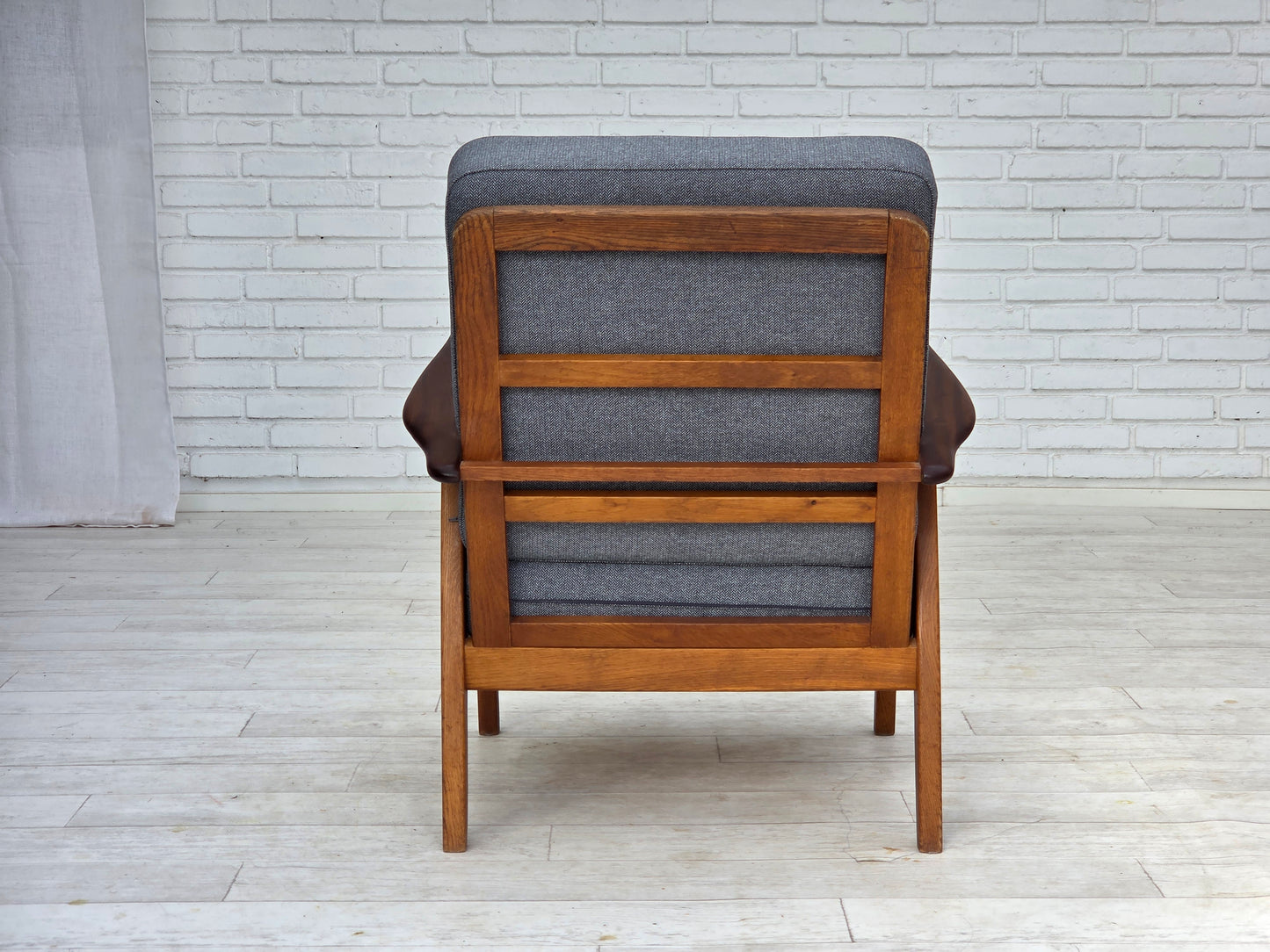 1970s, pair of Danish armchairs, reupholstered, furniture wool, teak and oak wood.