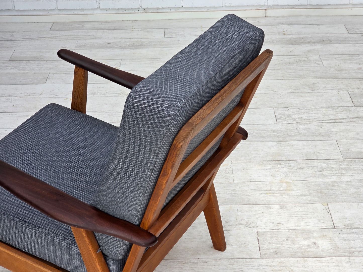 1970s, pair of Danish armchairs, reupholstered, furniture wool, teak and oak wood.