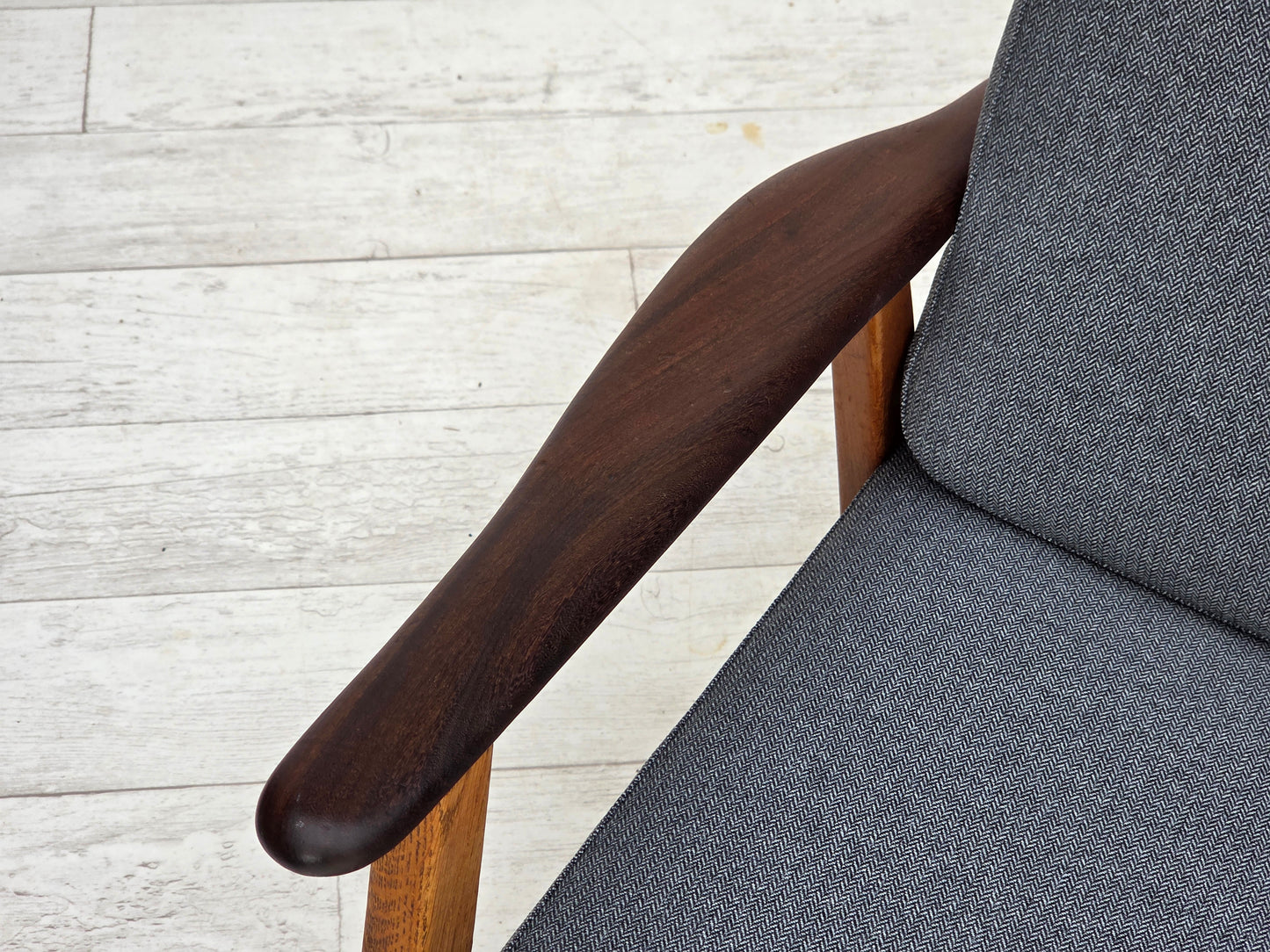 1970s, pair of Danish armchairs, reupholstered, furniture wool, teak and oak wood.