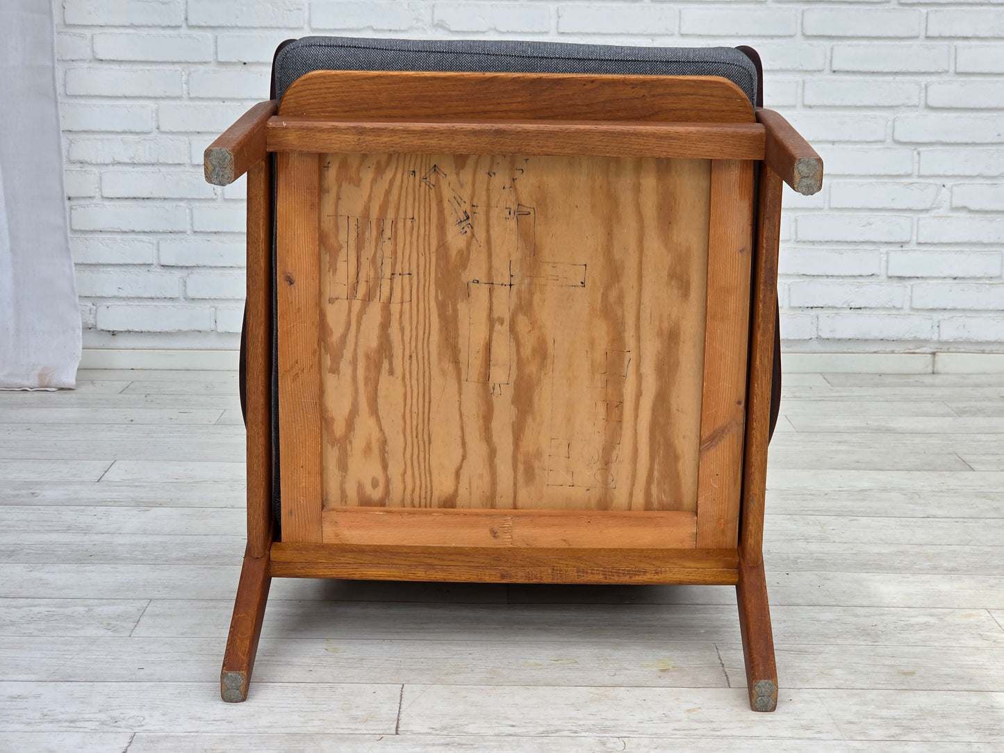 1970s, pair of Danish armchairs, reupholstered, furniture wool, teak and oak wood.