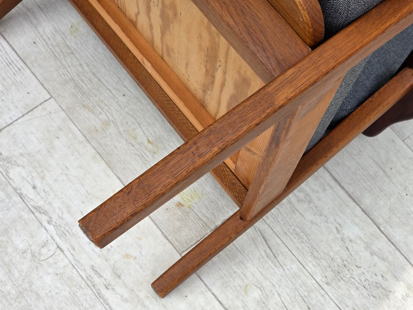 1970s, pair of Danish armchairs, reupholstered, furniture wool, teak and oak wood.