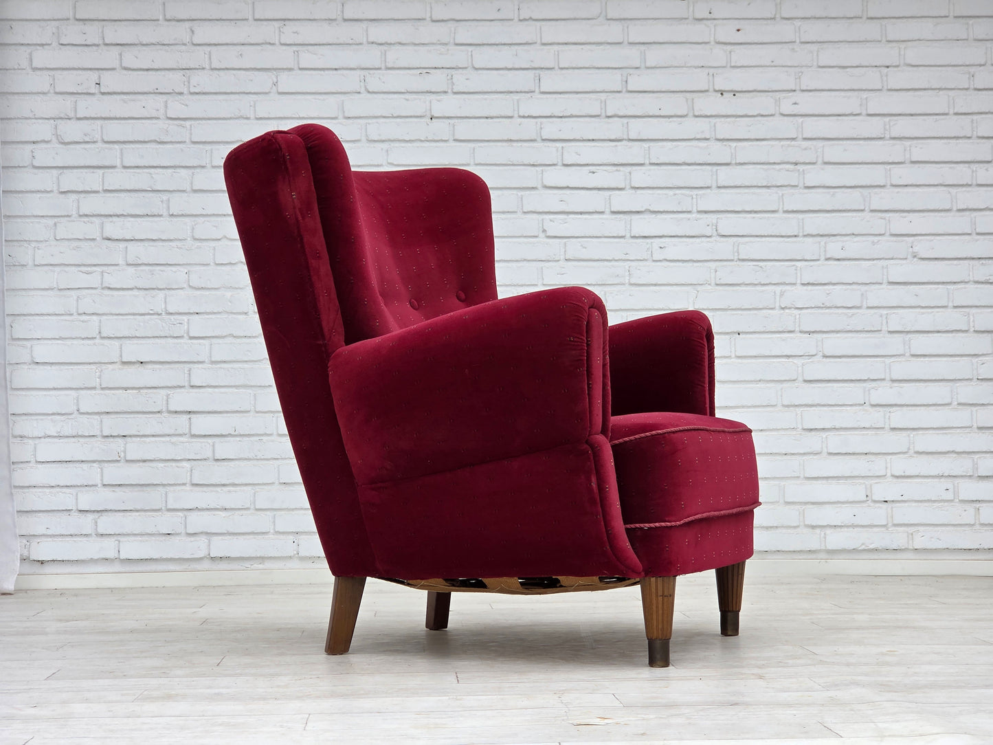 1960s, Danish armchair, cherry-red furniture velour, beech wood legs, reupholstered.