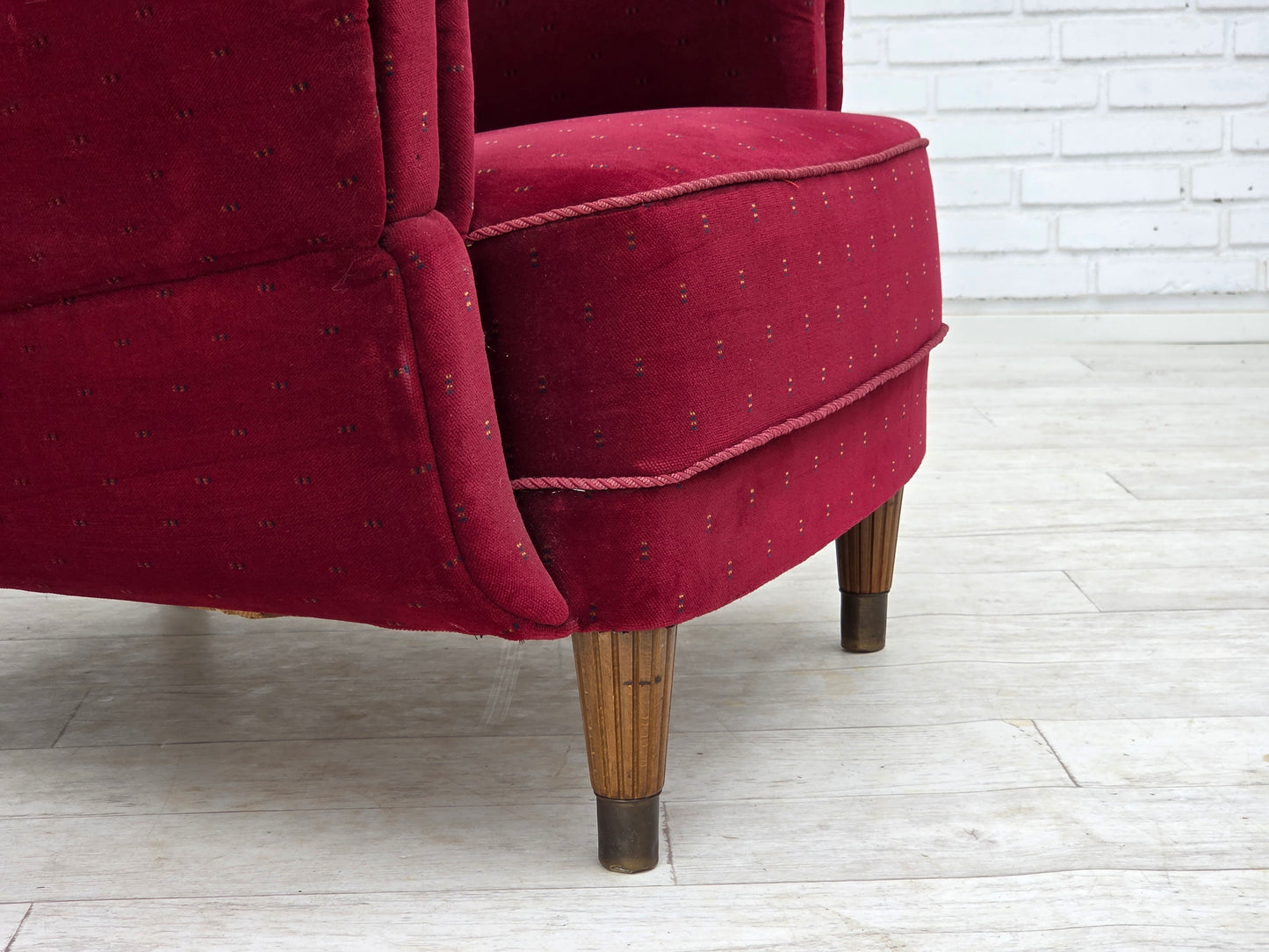 1960s, Danish armchair, cherry-red furniture velour, beech wood legs, reupholstered.