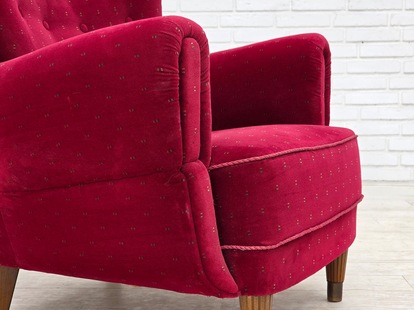 1960s, Danish armchair, cherry-red furniture velour, beech wood legs, reupholstered.