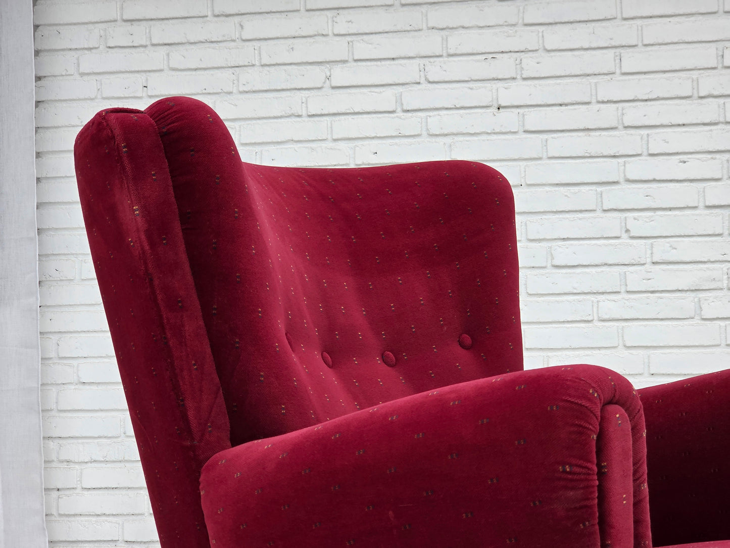1960s, Danish armchair, cherry-red furniture velour, beech wood legs, reupholstered.