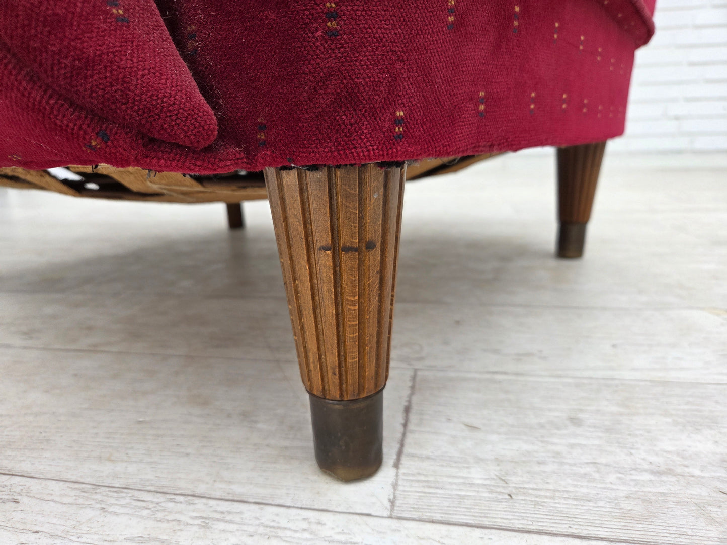 1960s, Danish armchair, cherry-red furniture velour, beech wood legs, reupholstered.