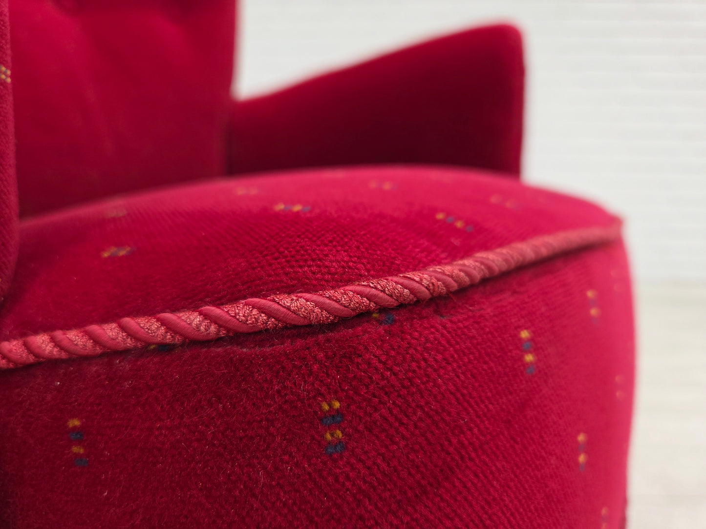 1960s, Danish armchair, cherry-red furniture velour, beech wood legs, reupholstered.