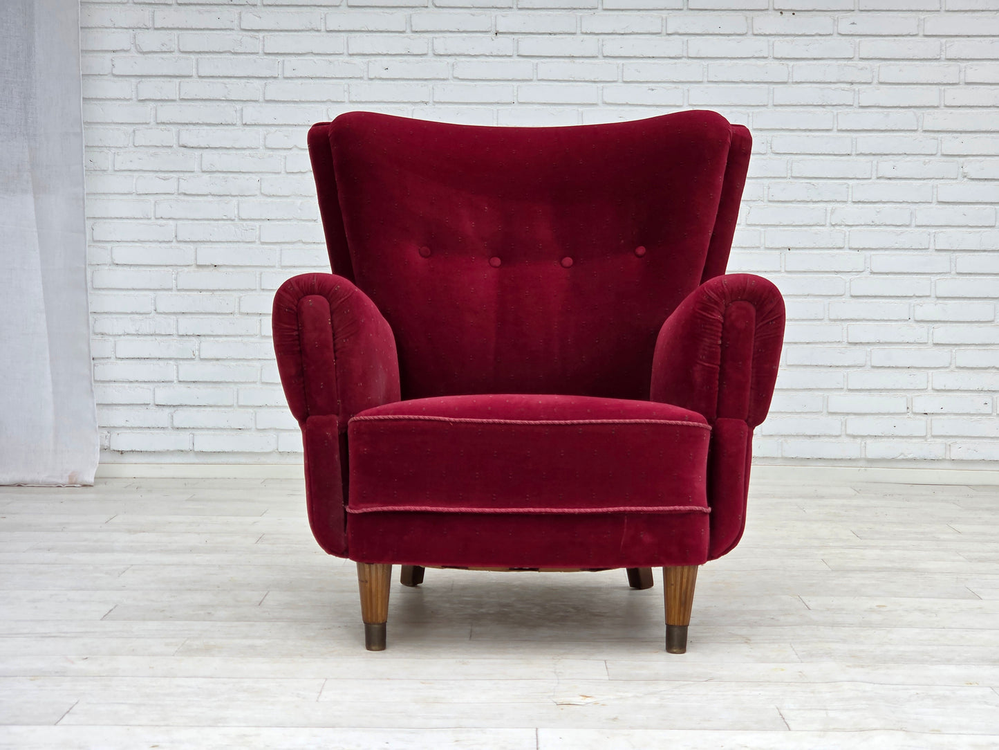 1960s, Danish armchair, cherry-red furniture velour, beech wood legs, reupholstered.