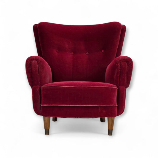 1960s, Danish armchair, cherry-red furniture velour, beech wood legs, reupholstered.