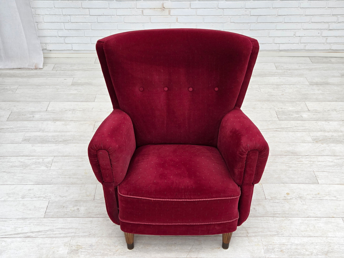 1960s, Danish armchair, cherry-red furniture velour, beech wood legs, reupholstered.