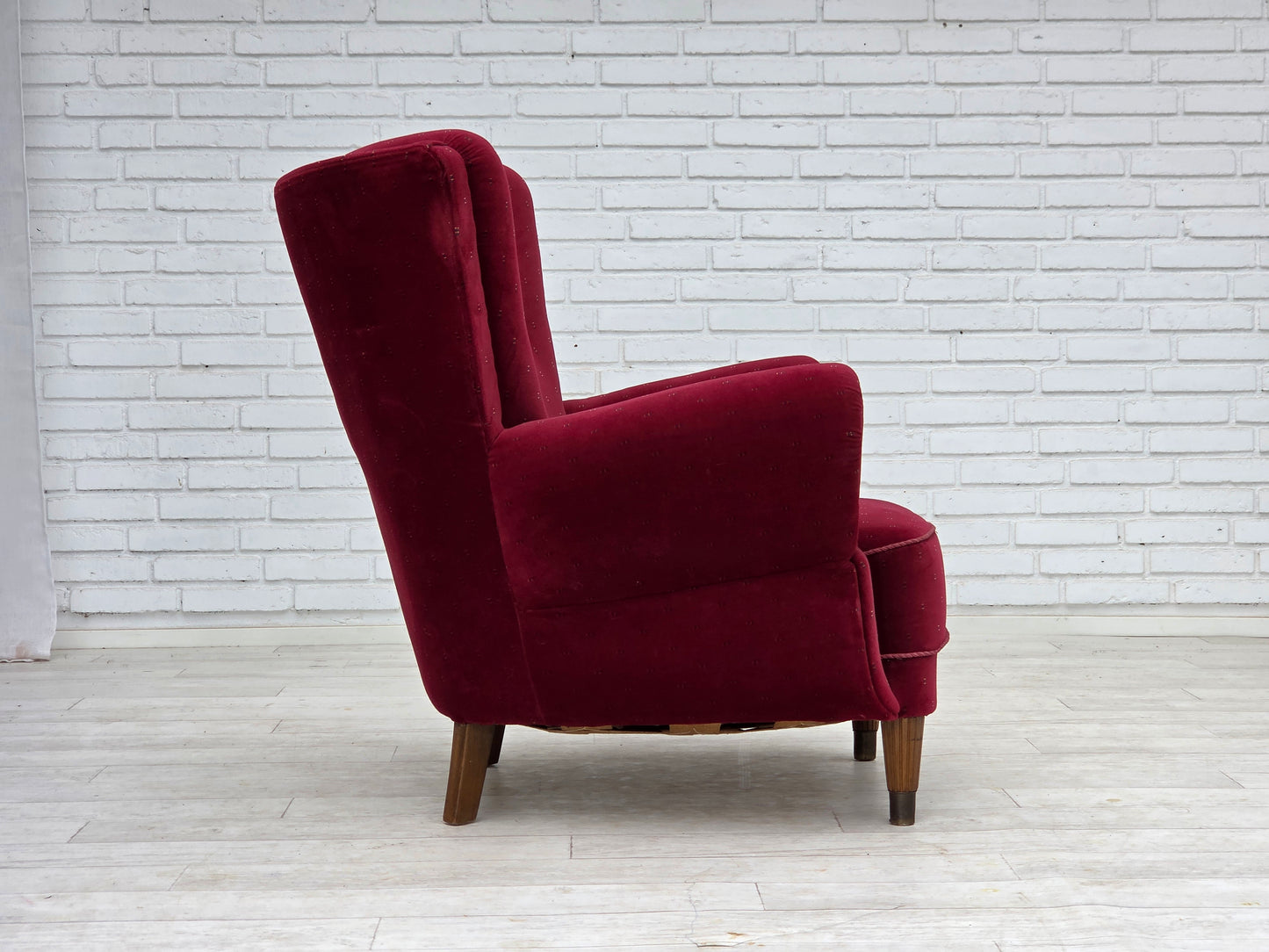 1960s, Danish armchair, cherry-red furniture velour, beech wood legs, reupholstered.