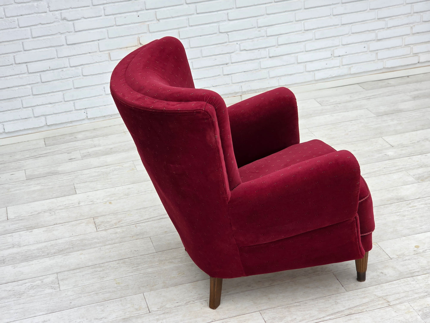 1960s, Danish armchair, cherry-red furniture velour, beech wood legs, reupholstered.