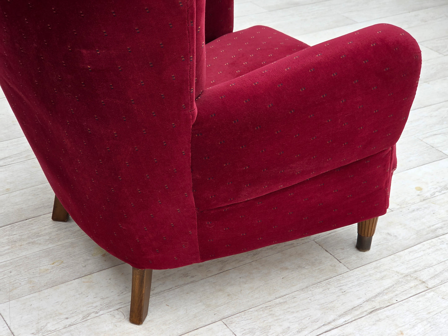 1960s, Danish armchair, cherry-red furniture velour, beech wood legs, reupholstered.