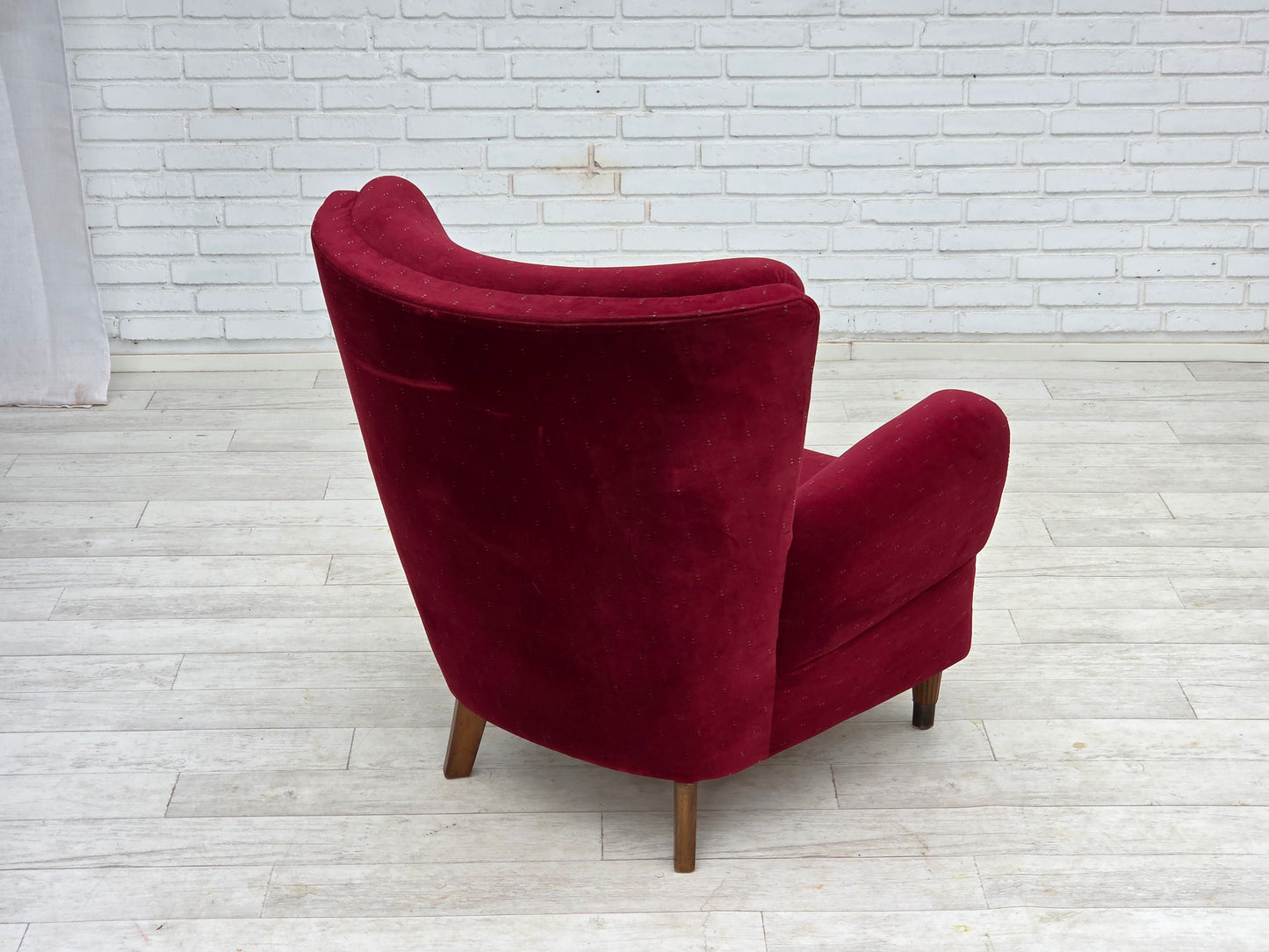 1960s, Danish armchair, cherry-red furniture velour, beech wood legs, reupholstered.