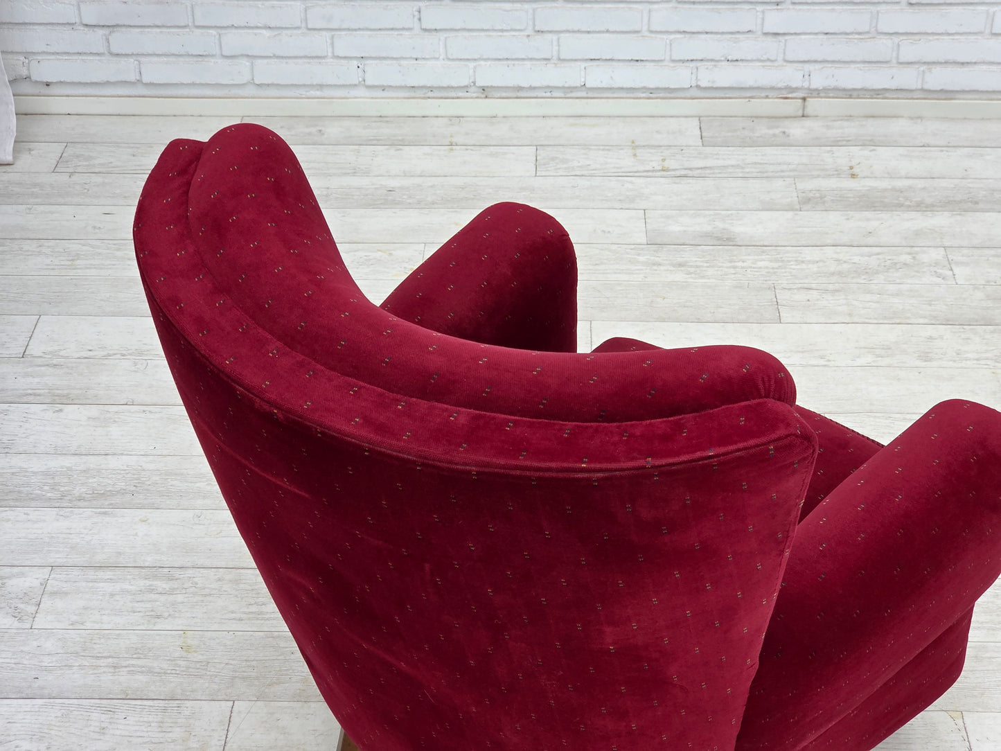 1960s, Danish armchair, cherry-red furniture velour, beech wood legs, reupholstered.