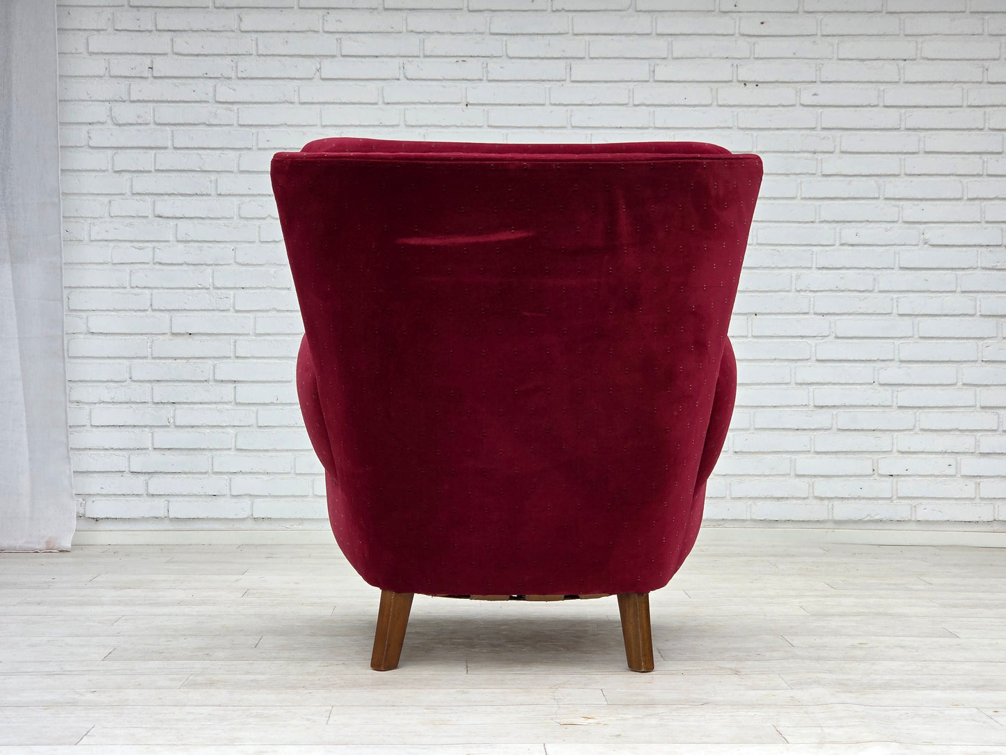 1960s, Danish armchair, cherry-red furniture velour, beech wood legs, reupholstered.