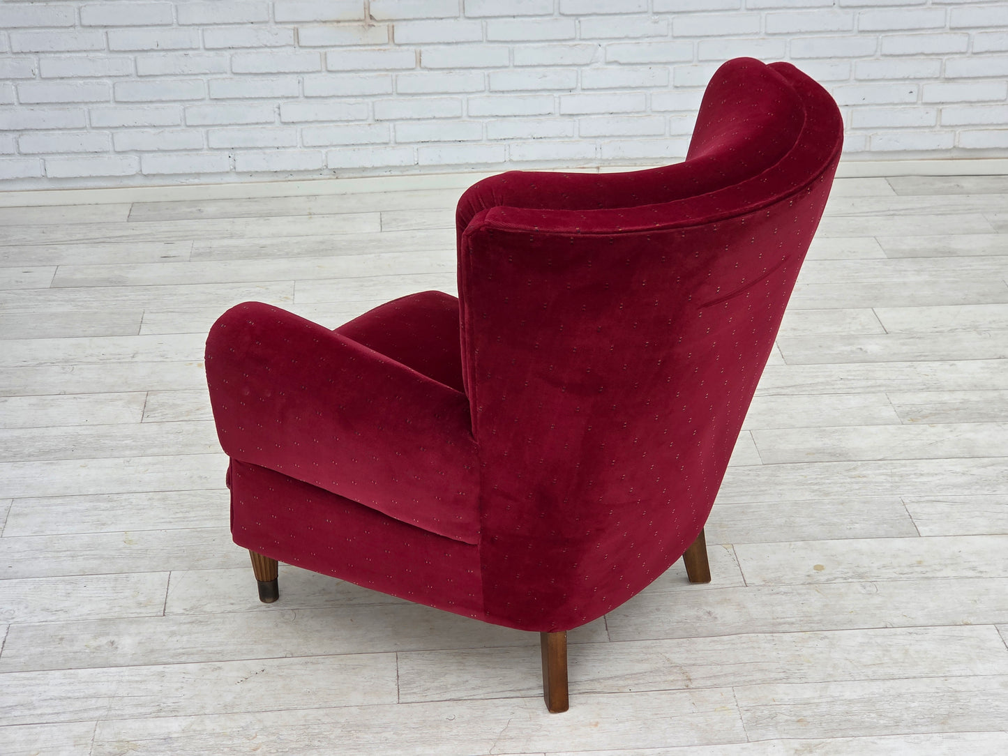 1960s, Danish armchair, cherry-red furniture velour, beech wood legs, reupholstered.