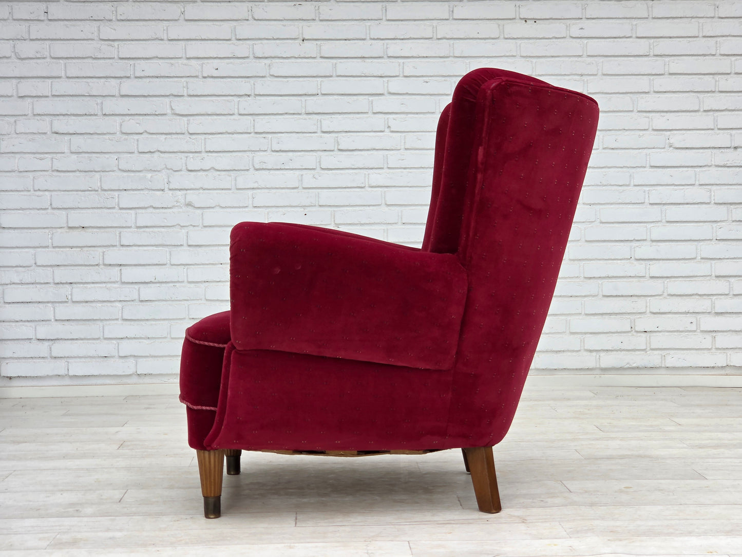 1960s, Danish armchair, cherry-red furniture velour, beech wood legs, reupholstered.