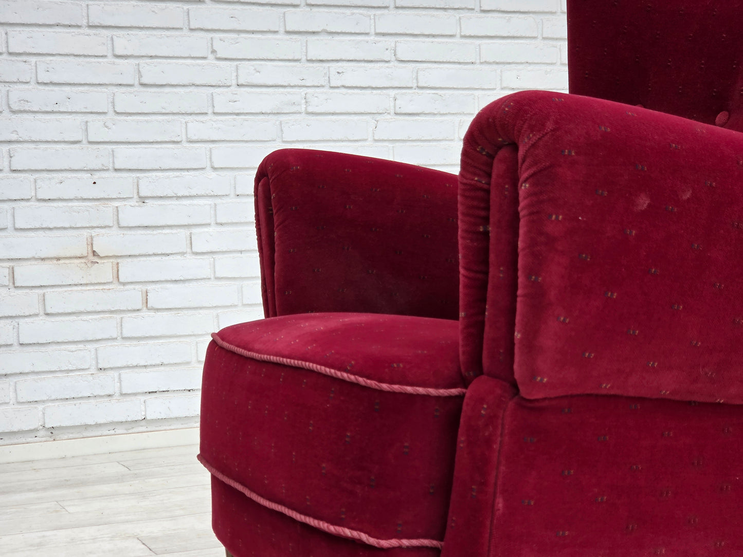 1960s, Danish armchair, cherry-red furniture velour, beech wood legs, reupholstered.
