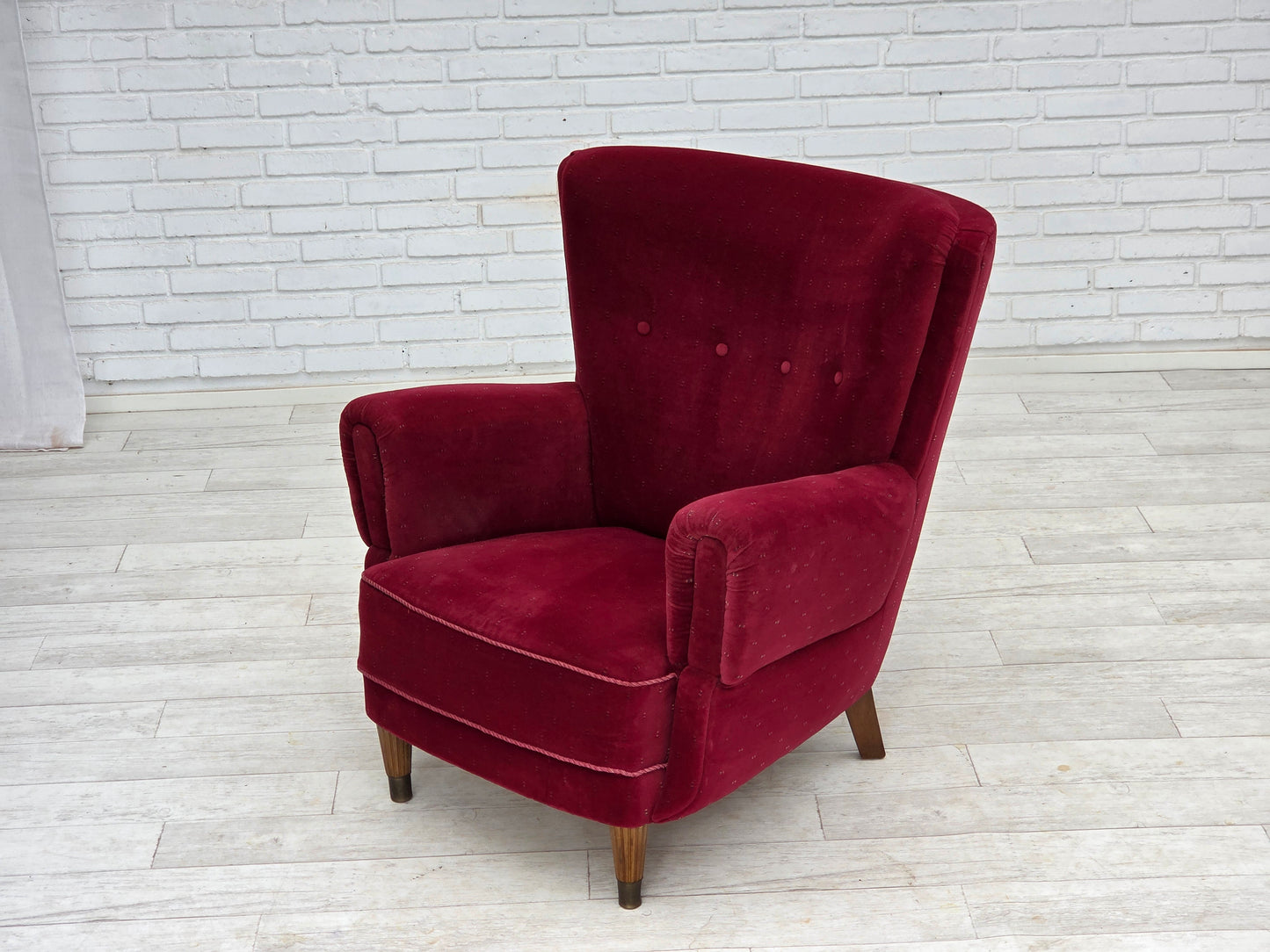 1960s, Danish armchair, cherry-red furniture velour, beech wood legs, reupholstered.