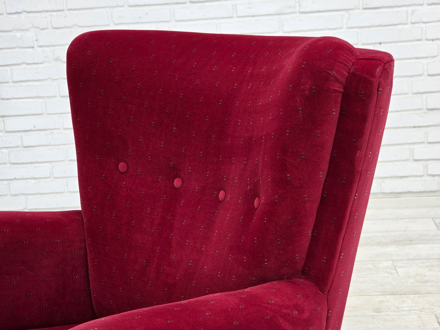 1960s, Danish armchair, cherry-red furniture velour, beech wood legs, reupholstered.