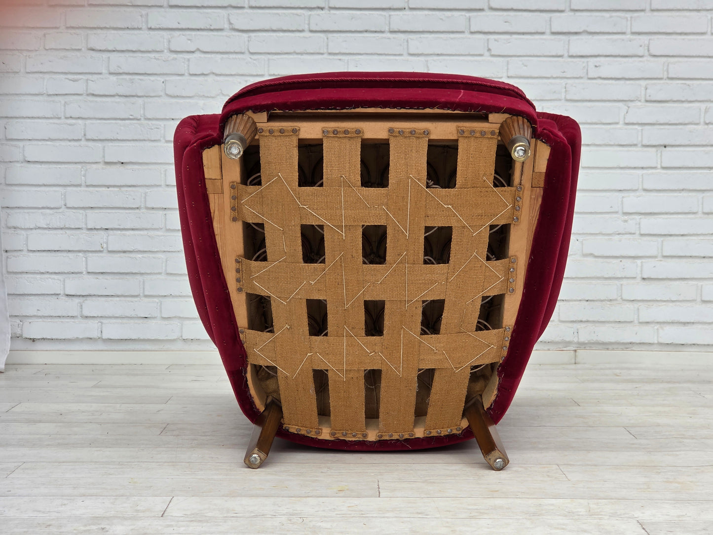 1960s, Danish armchair, cherry-red furniture velour, beech wood legs, reupholstered.
