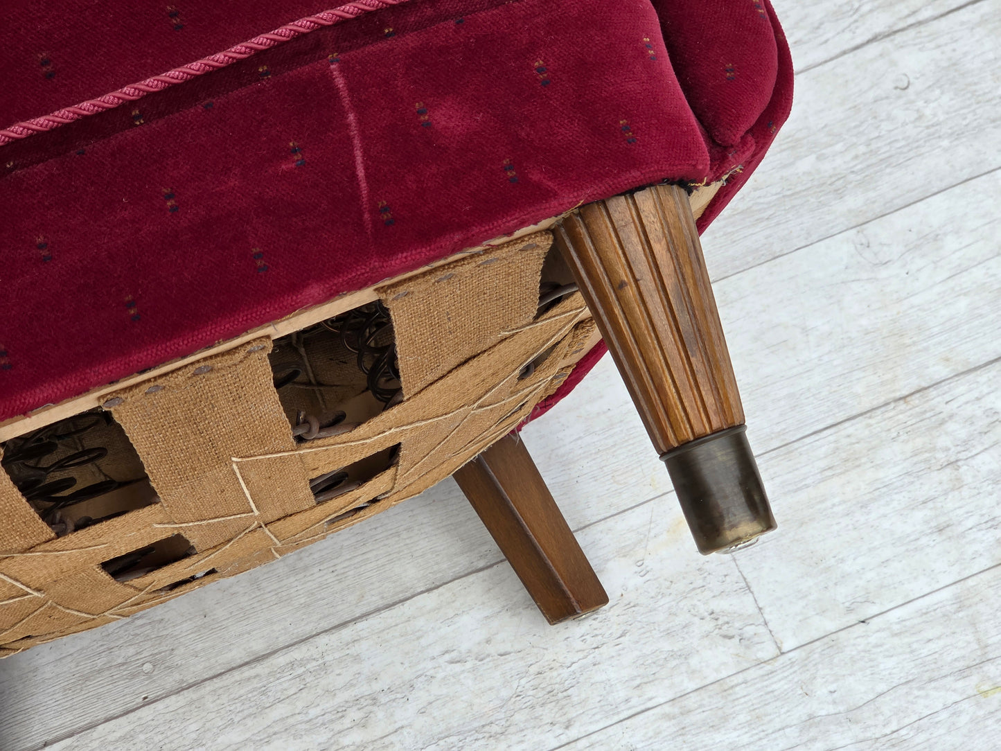 1960s, Danish armchair, cherry-red furniture velour, beech wood legs, reupholstered.