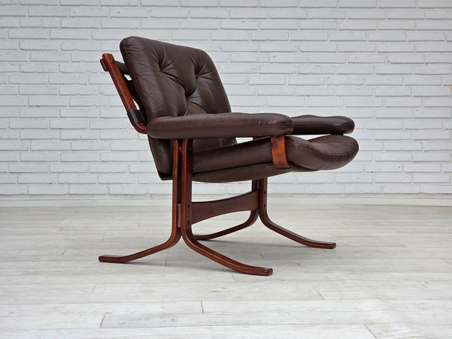 1970s, Norwegian armchair by Jon Hjortdal, furniture leather, bent wood, canvas.