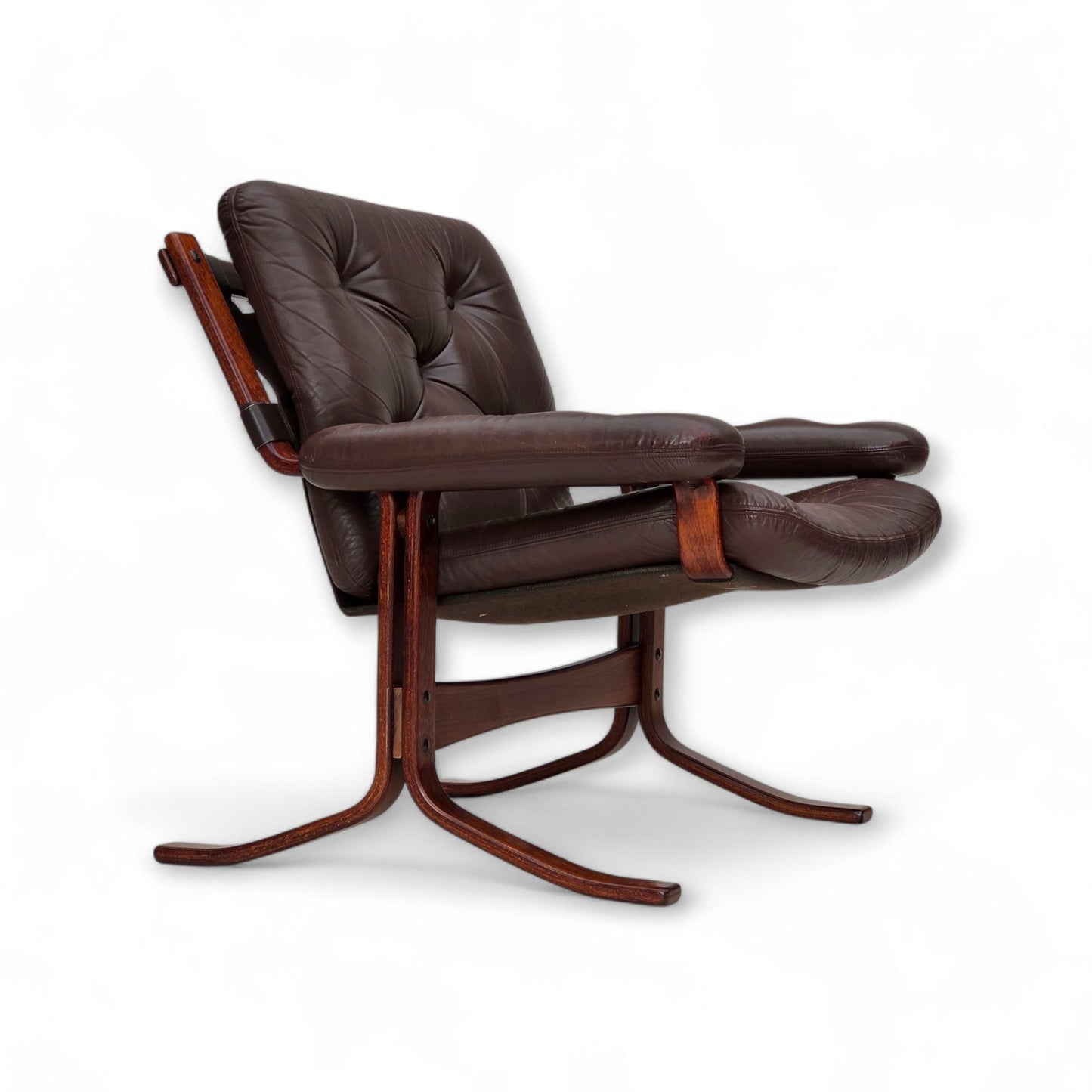 1970s, Norwegian armchair by Jon Hjortdal, furniture leather, bent wood, canvas.