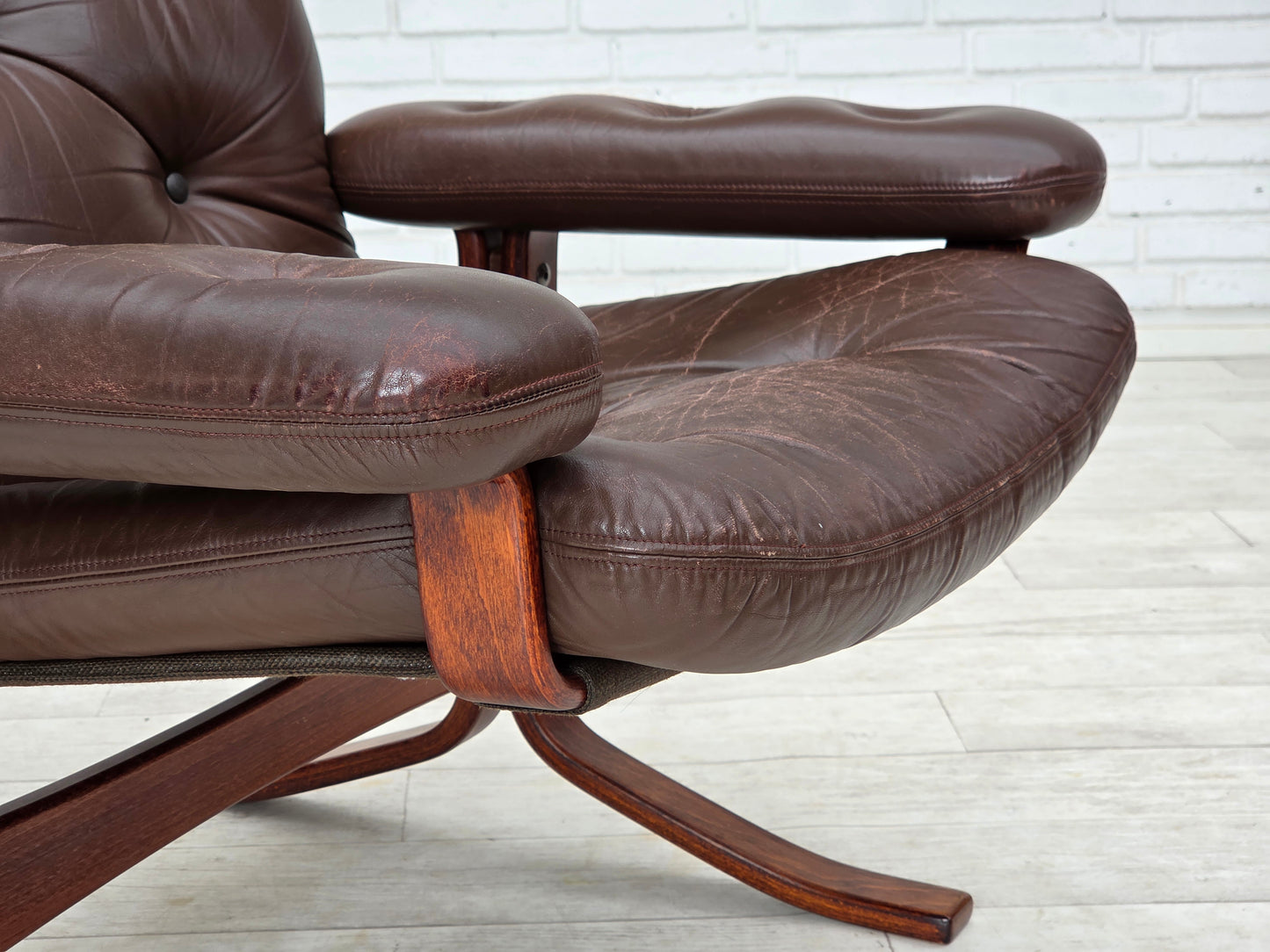 1970s, Norwegian armchair by Jon Hjortdal, furniture leather, bent wood, canvas.