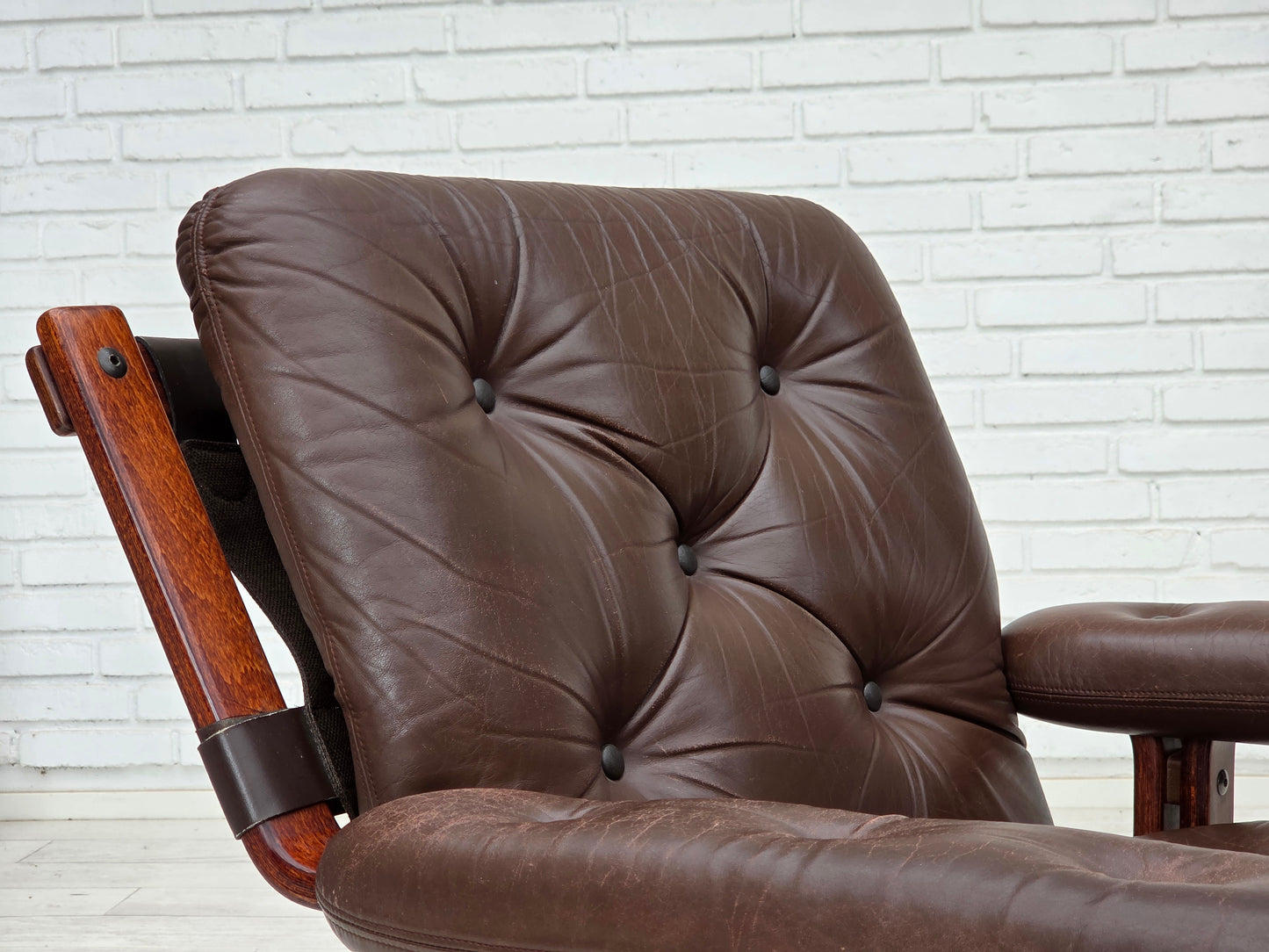 1970s, Norwegian armchair by Jon Hjortdal, furniture leather, bent wood, canvas.