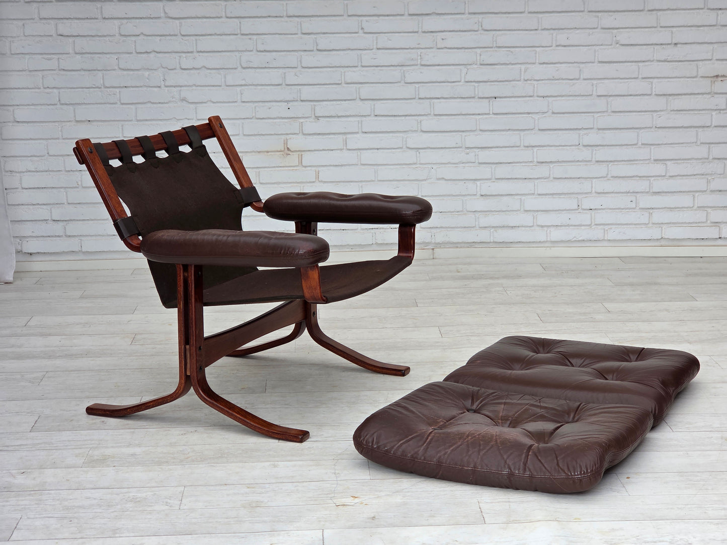 1970s, Norwegian armchair by Jon Hjortdal, furniture leather, bent wood, canvas.