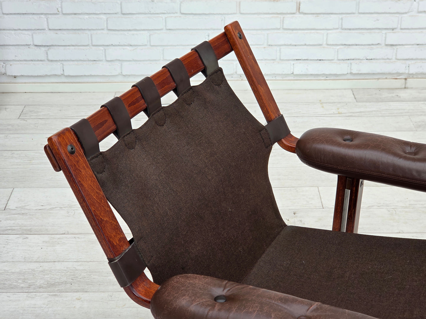 1970s, Norwegian armchair by Jon Hjortdal, furniture leather, bent wood, canvas.