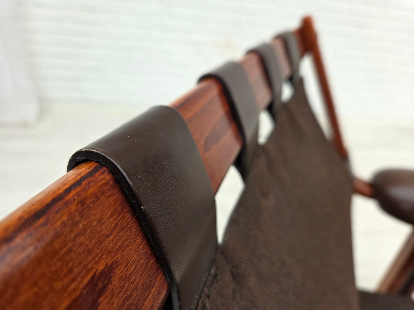 1970s, Norwegian armchair by Jon Hjortdal, furniture leather, bent wood, canvas.