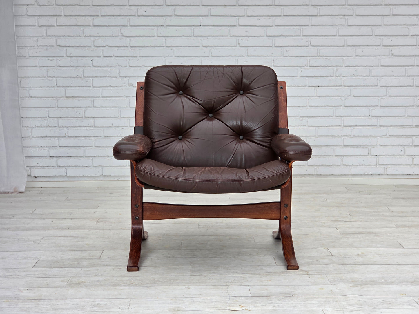1970s, Norwegian armchair by Jon Hjortdal, furniture leather, bent wood, canvas.