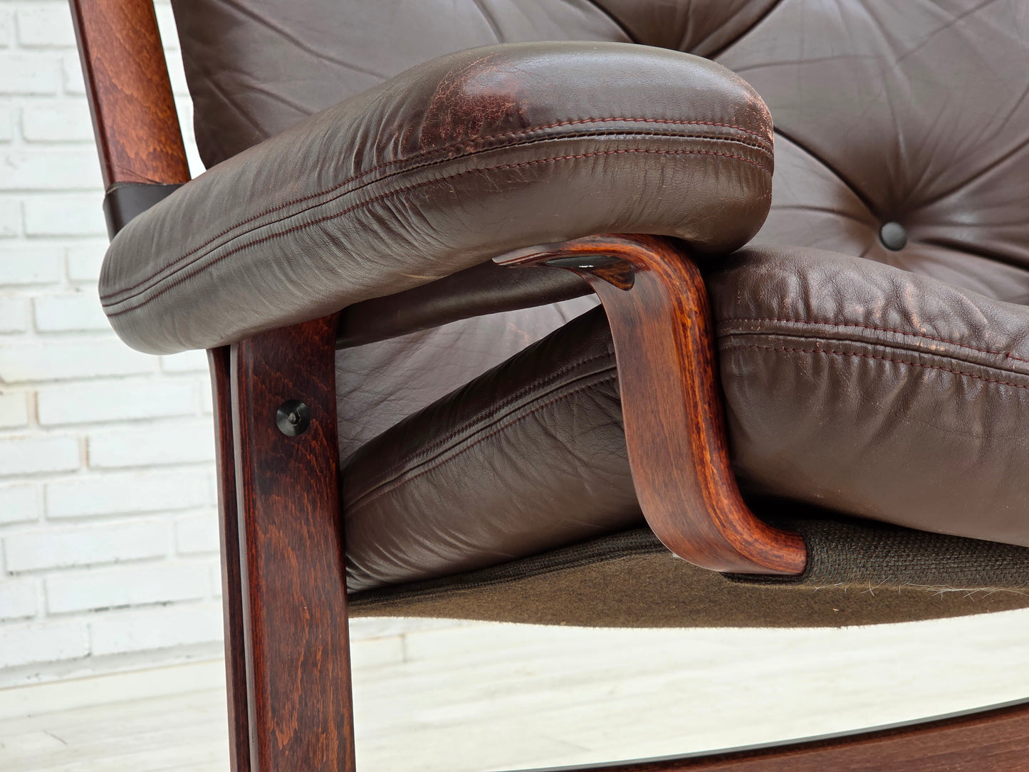 1970s, Norwegian armchair by Jon Hjortdal, furniture leather, bent wood, canvas.