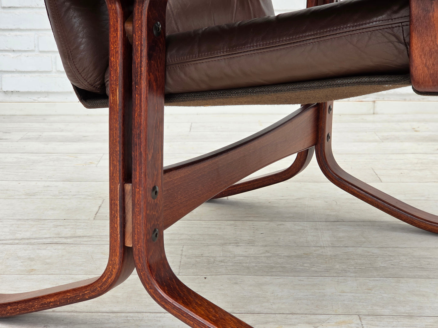 1970s, Norwegian armchair by Jon Hjortdal, furniture leather, bent wood, canvas.