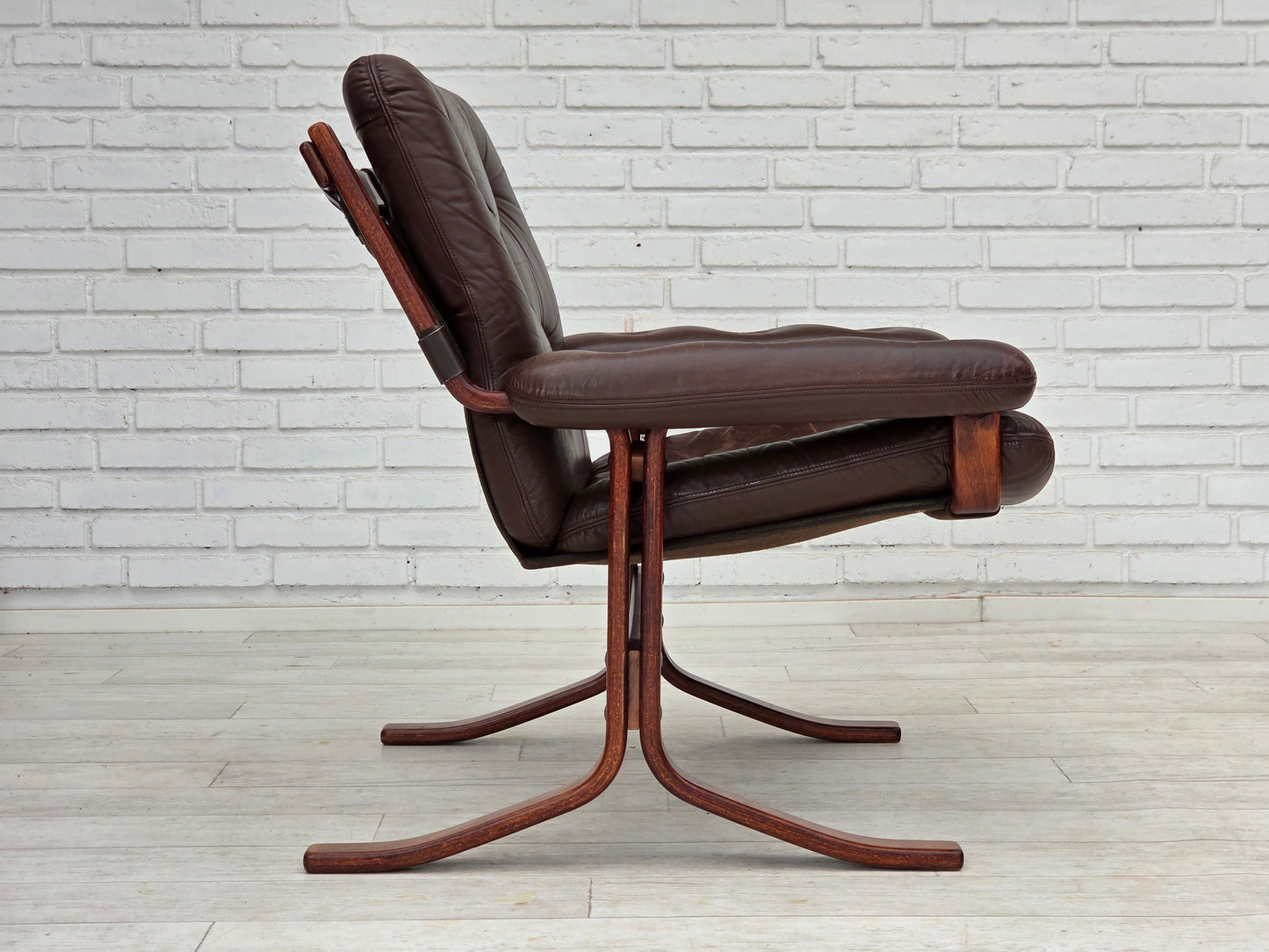 1970s, Norwegian armchair by Jon Hjortdal, furniture leather, bent wood, canvas.