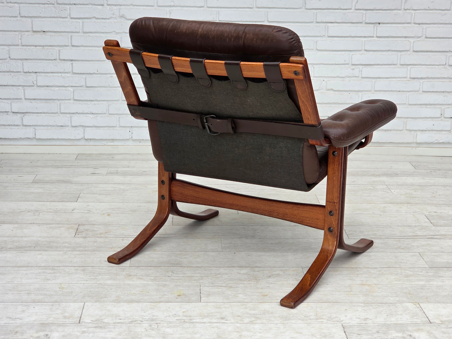 1970s, Norwegian armchair by Jon Hjortdal, furniture leather, bent wood, canvas.