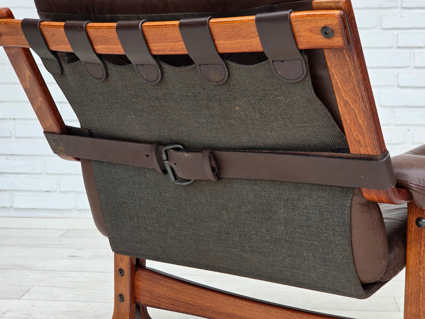 1970s, Norwegian armchair by Jon Hjortdal, furniture leather, bent wood, canvas.