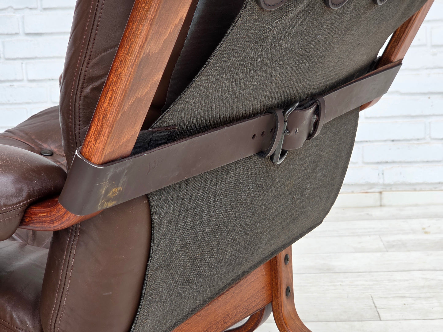 1970s, Norwegian armchair by Jon Hjortdal, furniture leather, bent wood, canvas.