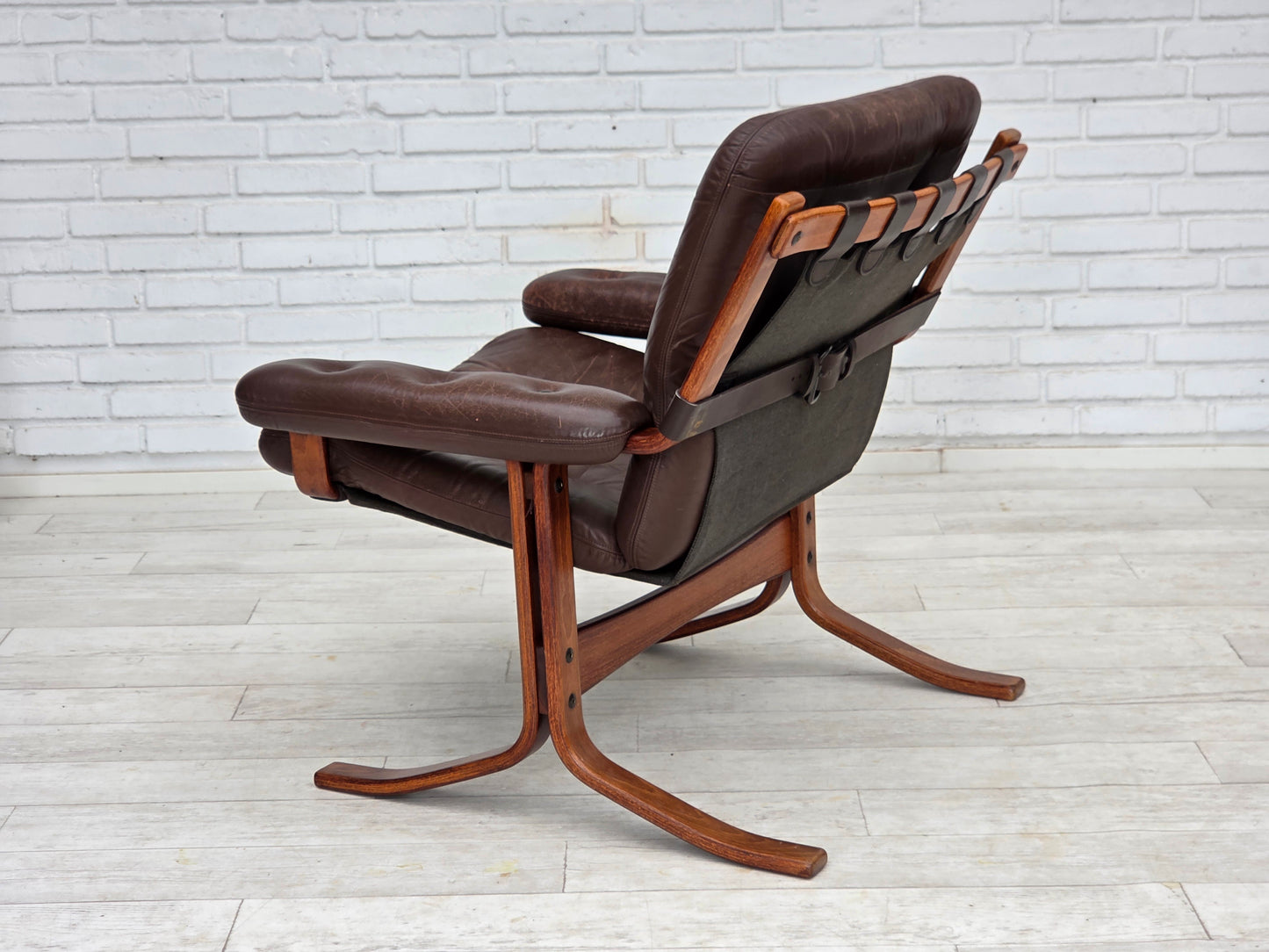 1970s, Norwegian armchair by Jon Hjortdal, furniture leather, bent wood, canvas.