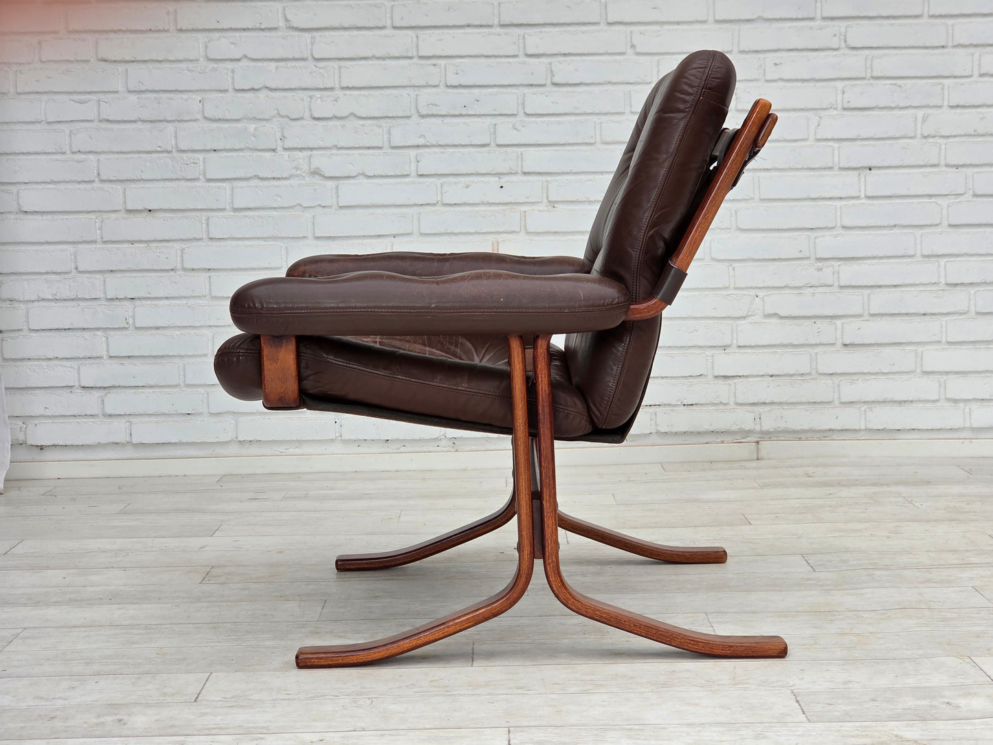 1970s, Norwegian armchair by Jon Hjortdal, furniture leather, bent wood, canvas.
