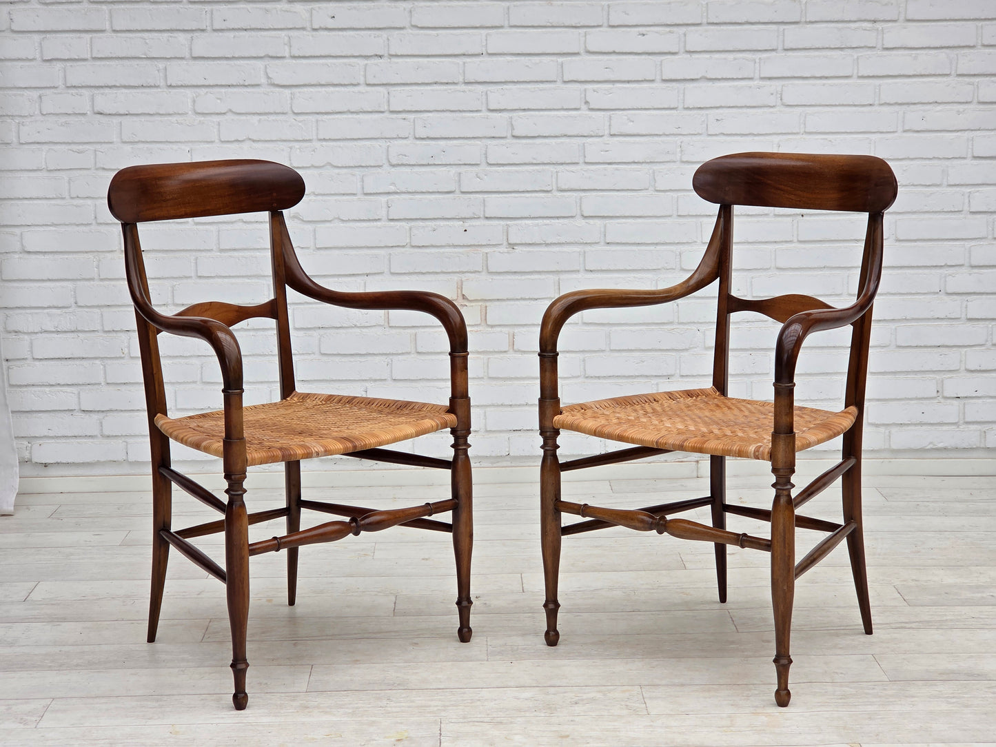 1970s, Italian design by Fratelli Levaggi, 2 armchairs, model "Campanino", cherry wood.