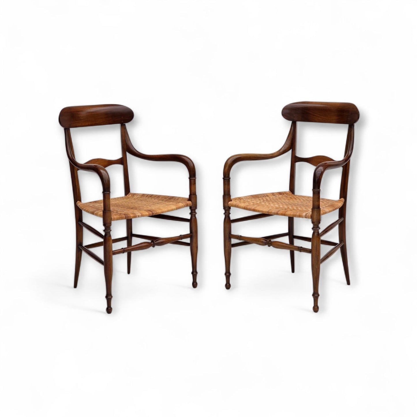 1970s, Italian design by Fratelli Levaggi, 2 armchairs, model "Campanino", cherry wood.