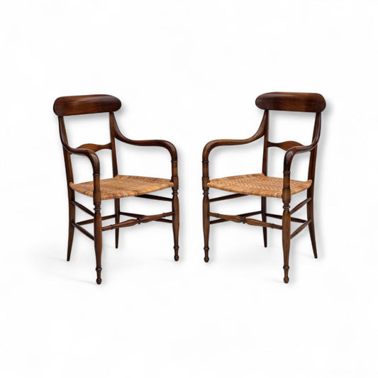 1970s, Italian design by Fratelli Levaggi, 2 armchairs, model "Campanino", cherry wood.