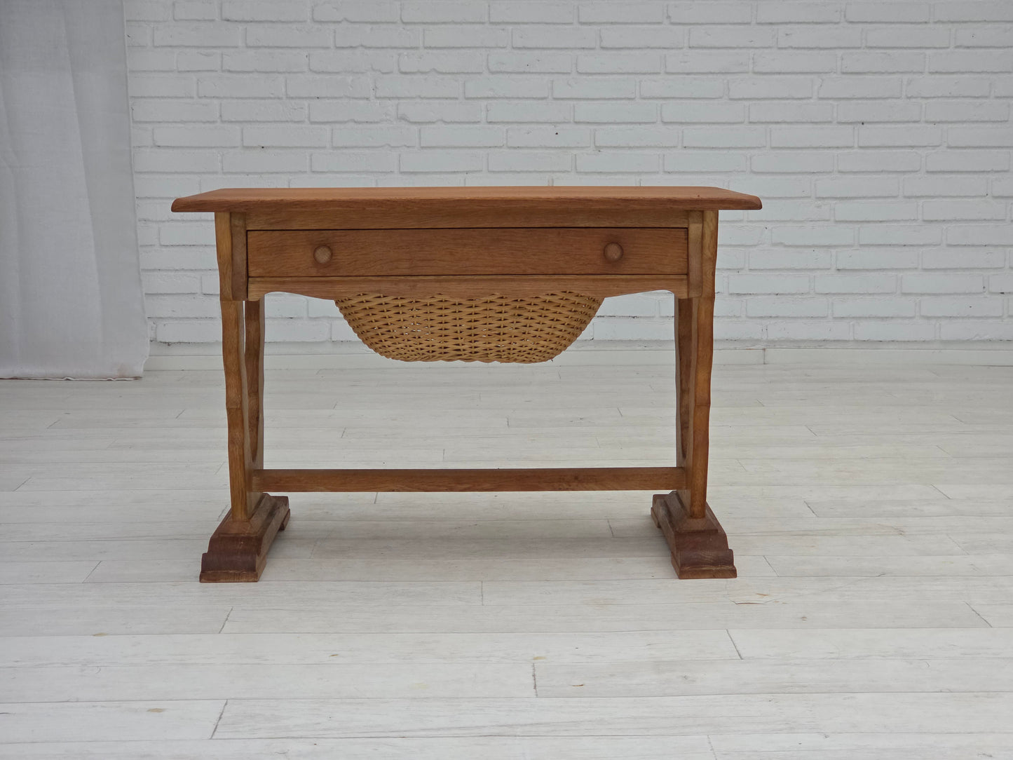 1970s, Scandinavian side table with drawers, solid oak wood, rattan.