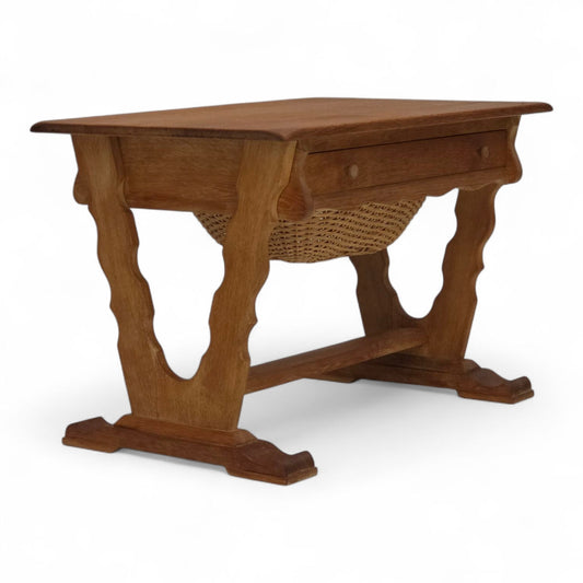 1970s, Scandinavian side table with drawers, solid oak wood, rattan.